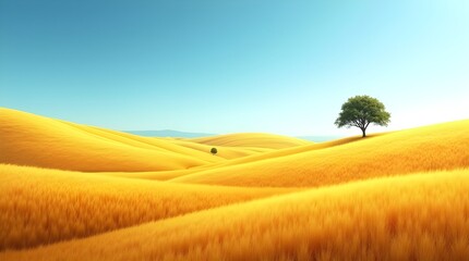 A wide-angle HD photo of golden fields swaying under a clear blue sky, with gentle rolling hills in the distance and a single tree silhouette on the horizon -