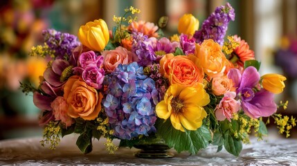 Obraz premium A colorful bouquet of flowers in a vase. The flowers are arranged in a way that creates a sense of harmony and balance. The colors of the flowers are bright and cheerful