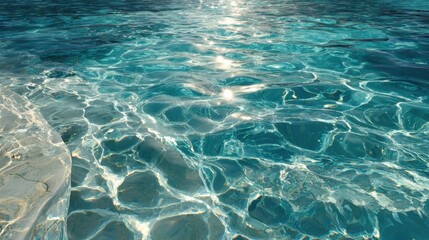 The water is calm and clear, with ripples in the water. The sun is shining on the water, creating a beautiful reflection