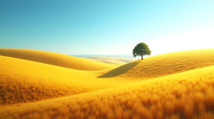 A wide-angle HD photo of golden fields swaying under a clear blue sky, with gentle rolling hills in the distance and a single tree silhouette on the horizon -