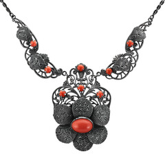 Antique 1920s Art Deco silver filigree necklace with red coral – symmetrical ornamental vintage...
