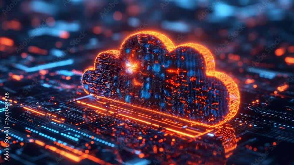 Poster digital cloud visualization: illuminated cloud graphic, highlighting the interconnected nature of di