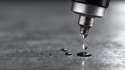 Close up of a dripping metal nozzle with water droplets on a gray textured surface
