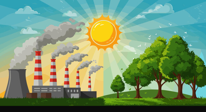 International Day for the Protection of the Ozone Layer featuring factory emissions and green trees under sunny skies. - Powered by Adobe