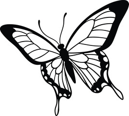 Stylized black and white outline of a butterfly with elongated wings and intricate details. Great for tattoo, coloring book, and minimal design, Elegant Butterfly Line Art Vector in Black and White
