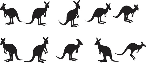 Kangaroo Silhouette Collection Black Color Vector Concept Illustration set.  Set of kangaroo, different poses, black color, isolated on white background