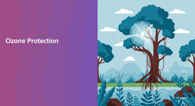 Illustrated ozone protection with green trees and blue sky background for International Day for the Protection of the Ozone Layer concept. - Powered by Adobe