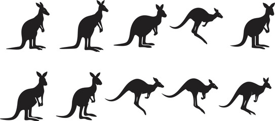 Kangaroo Silhouette Collection Black Color Vector Concept Illustration set.  Set of kangaroo, different poses, black color, isolated on white background