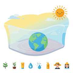 Naklejka premium International Day for the Protection of the Ozone Layer with Earth globe, shield layer, and sun in sky.