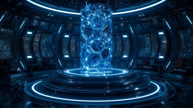 Futuristic sci fi laboratory with glowing blue crystal energy core