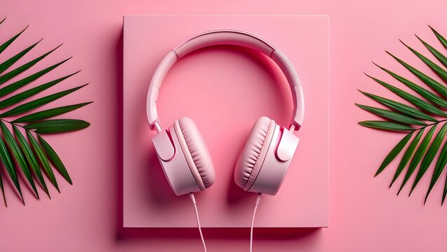 Stock photo of pink headphones on pink background with palm leaves for music lovers