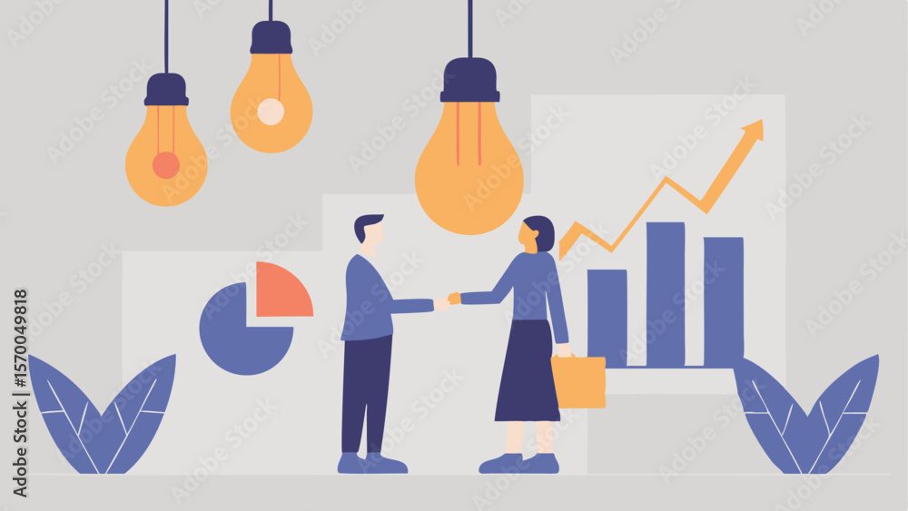 Poster business handshake with light bulbs pie chart and graph showing growth and success in light backgrou