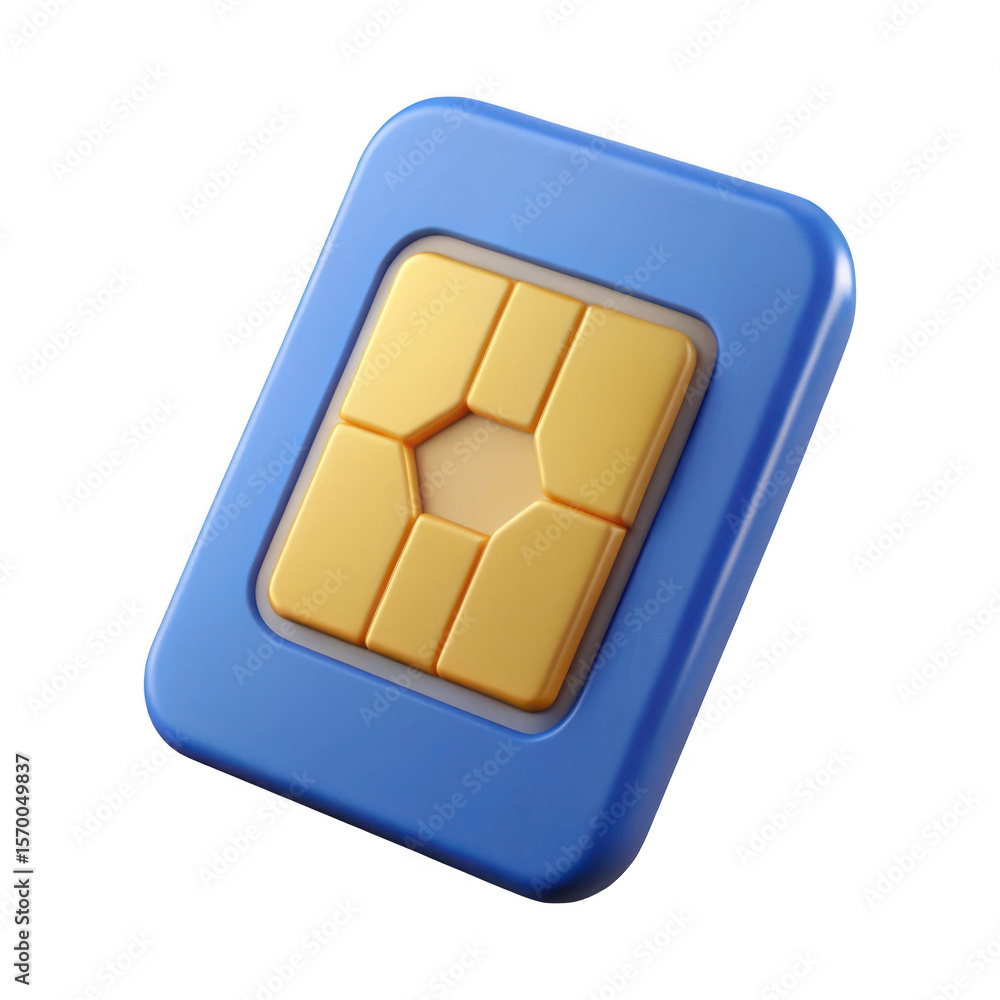 Poster close up 3d render of a blue sim card with gold contacts isolated on transparent background