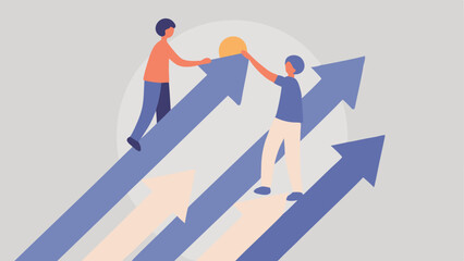 Two people collaborating to place a sun on top of upward pointing arrows representing growth and success