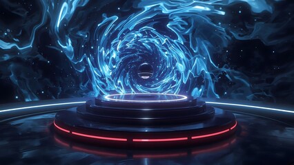 Futuristic sci fi stage with swirling blue energy vortex and glowing lights