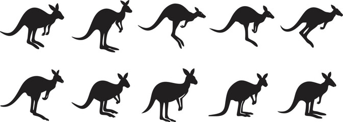 Kangaroo Silhouette Collection Black Color Vector Concept Illustration set.  Set of kangaroo, different poses, black color, isolated on white background