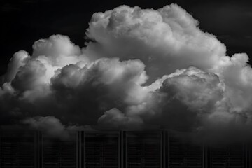 Dramatic grayscale cloudscape against a dark background.