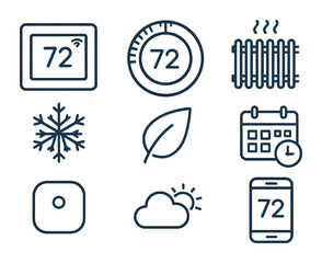 Smart Thermostat Icons. Flat icon set of smart thermostat systems: wall-mounted thermostat, temperature dial,