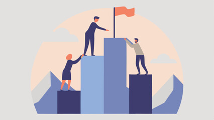 Fototapeta premium Teamwork illustration showing three people helping each other to reach a flag on top of a bar chart