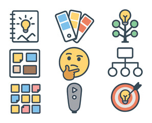 Brainstorming Tools Icons. Flat icon set of visual brainstorming aids: sketchpad, color swatches, ideation