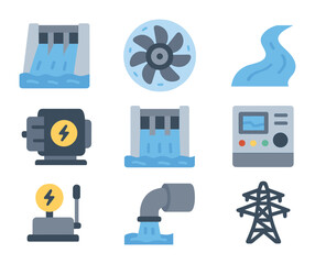 Hydropower Station Icons. Flat icon set of hydropower stations: dam icon, water turbine, river flow icon,