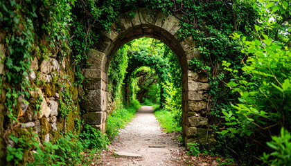 Obraz premium Old arch made of stone and covered with greens. Magical portal on abandoned garden path.