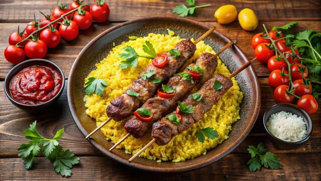 Kebab Koobideh &ndash; Iran
Skewered ground lamb kebabs, saffron rice, grilled tomato, parsley, and sumac sprinkled on top.