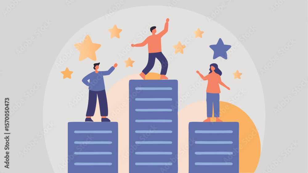 Poster illustration of three people standing on different levels of a bar graph with stars in the backgroun