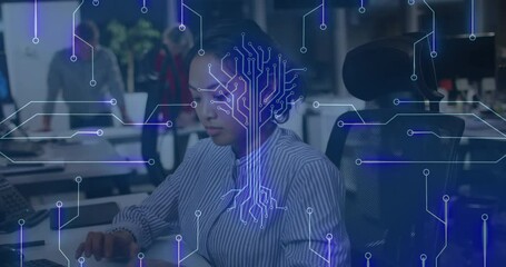 Business worker typing and initiating circuit tree overlay while peers glancing and gaining insight