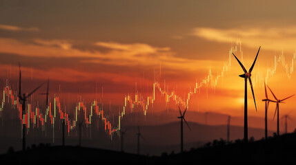 Wind Turbine Symphony: Silhouetted wind turbines stand tall against a dramatic sunset, intertwining the beauty of renewable energy with the dynamics of financial markets.