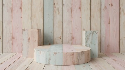 Pastel colored wooden planks create a rustic display podium and backdrop