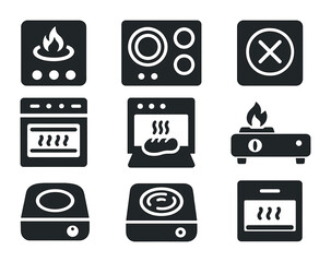 Kitchen Heat Sources Icons. Solid, filled icons set of kitchen heat sources: gas stove, electric stove,