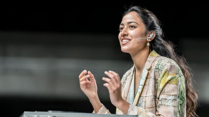 A speaker enthusiastically discusses innovation and technology trends during a conference, captivating the audience's attention with insightful ideas and engaging gestures