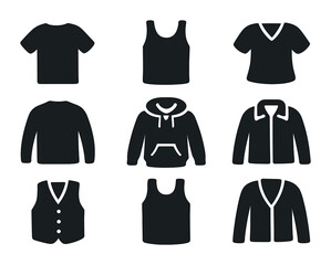 Wardrobe Icons Grid. Solid, filled icons set of wardrobe items: t-shirt, tank top, blouse, sweater, hoodie,