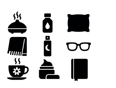 Bedtime Essentials Icons. Solid, filled icons set of bedtime accessories: aromatherapy diffuser, essential oil