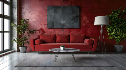 A modern living room with a red sofa, textured red wall, and grey accents. Interior design with plants and natural light.