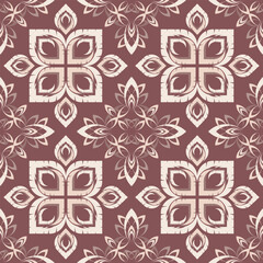 Royal Victorian floral seamless pattern in beige on maroon. Ethnic, bohemian, and tribal