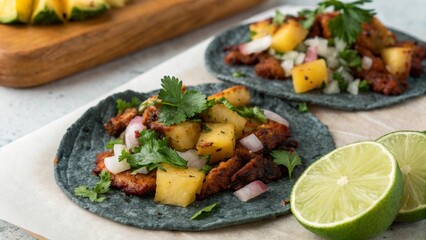Tacos al Pastor – Mexico
Grilled pork tacos with pineapple, cilantro, onion, lime, served on blue corn tortillas