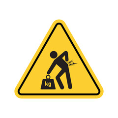 Yellow triangular warning sign depicting person lifting heavy weight with back strain hazard