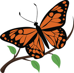 Color vector illustration of a Monarch butterfly perched on a leafy branch, wings open in side view position
Monarch butterfly on branch color vector,
Butterfly with leaves side view illustration