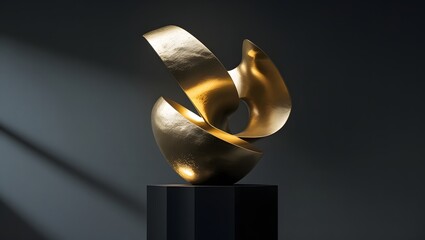 Golden Abstract Sculpture on Dark Pedestal