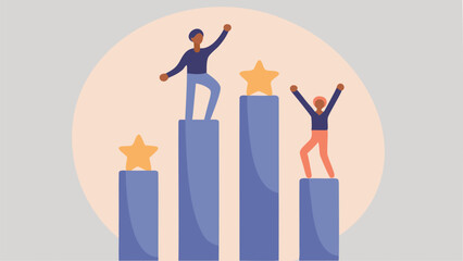People celebrating on top of bar graph columns with stars indicating success and achievement in business