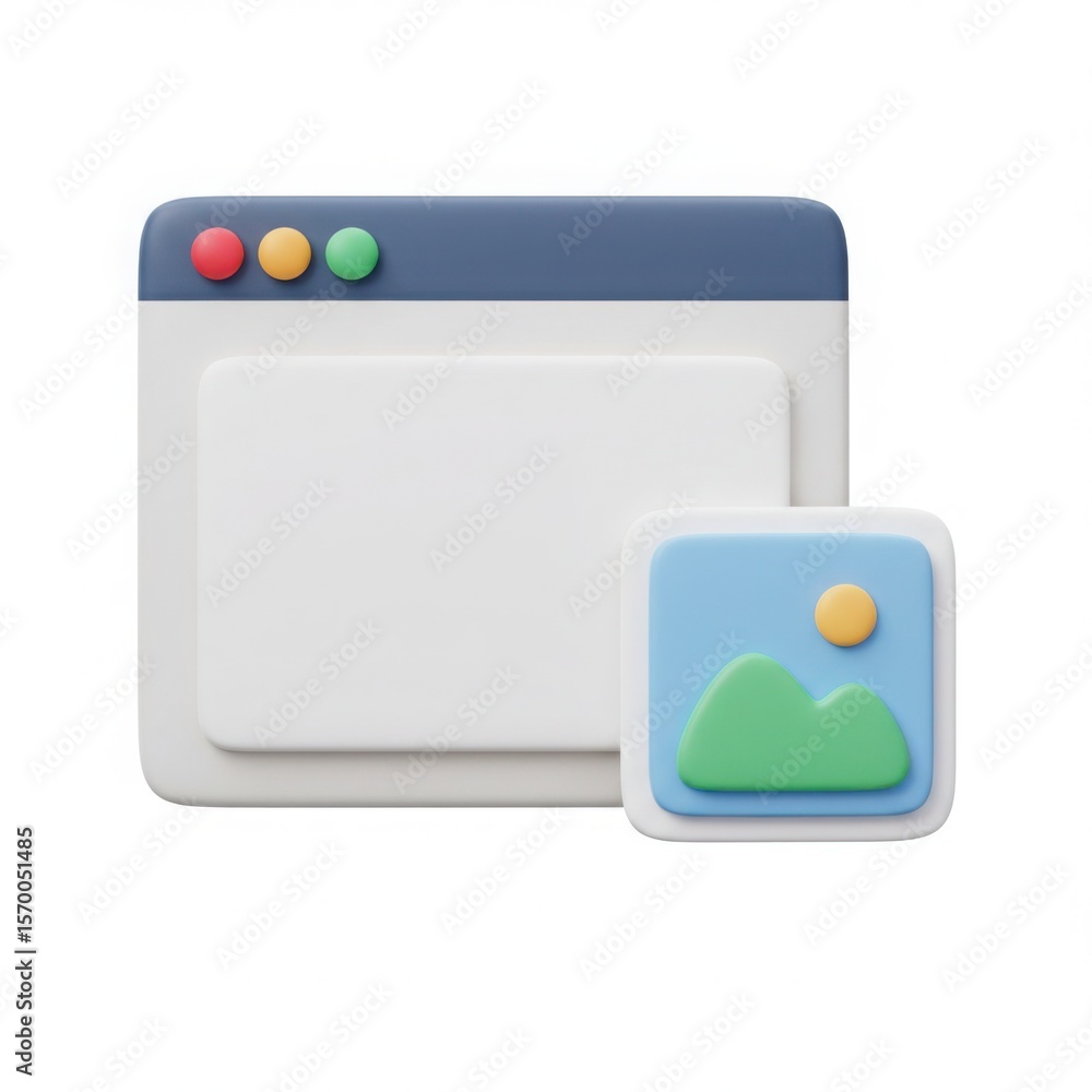 Fototapete 3d rendered browser window with image icon and colorful buttons
