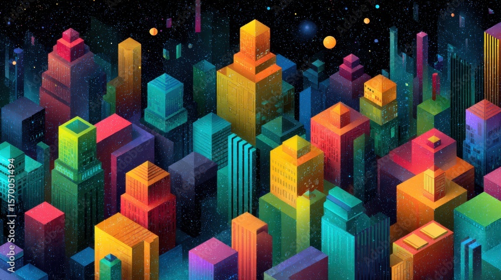 Poster a colorful cityscape with many buildings in different colors. the buildings are arranged in a way th