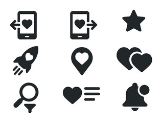 Dating App Icons. Solid, filled icons set of dating app features: swipe left, swipe right, super like, boost