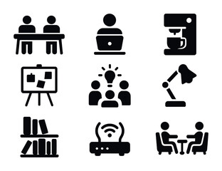 Co-Working Space Icons. Solid, filled icons set of co-working space essentials: shared desk, laptop user,