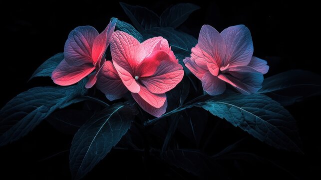 Vibrant, glowing pink flowers against a deep black background.  Dark teal leaves surround the blossoms.  A close-up, artistic image