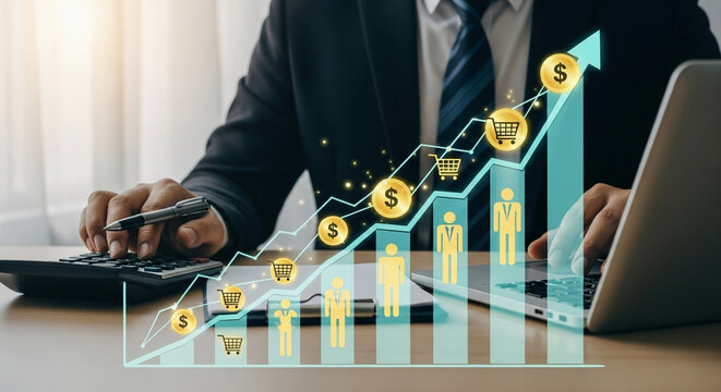 Man in suit calculating business growth with laptop and chart overlay on desk at the office space