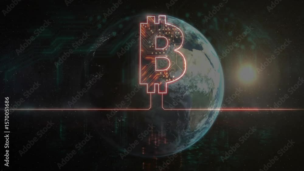 Poster red line sweeping, neon bitcoin forming and circuits lighting, planet rotating visualizing crypto