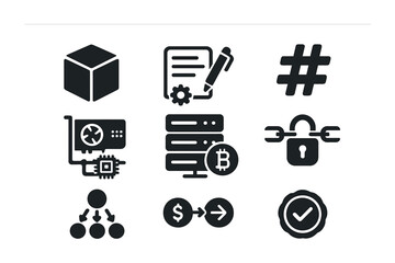 Blockchain Icon Set. Solid, filled icons set of blockchain tech visuals: ledger block, smart contract, hash